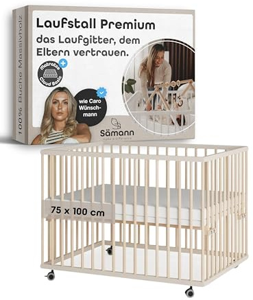 Sämann Laufstall Baby 75x100 cm mit Matratze | TÜV geprüft | stufenlos höhenverstellbar | Laufgitter Premium | Babybett aus Holz | Krabbelgitter Sahara dust/Natur