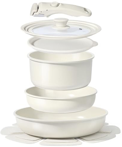 Gipp Batterie De Cuisine 8 PièCes- Poêle 24/28 cm, Casserole 22cm- Poele Induction CéRamique AntiadhéSive, Poignee amovible, Empilable et Lavable Lave-Vaisselle, Tous Feux Lot, Blanc