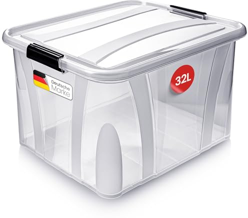 KONZEPT Aufbewahrungsbox 32 L mit Deckel, verstärkte Konstruktion | Transparente Kunststoffbox mit Verstärkungsrippen für mehr Stabilität, stapelbar, robuste Clips – ideal für Küche & Haushalt