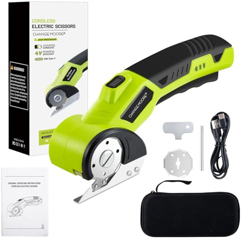 CHANGEMOORE 5V Cordless Electric Scissors for Cutting Fabric Cardboard, Replacement 1 Blade, LED Light & Safety Lock, Charger, Storage Box, Rotary Cardboard Cutter for Box, Plastic, Carpet B