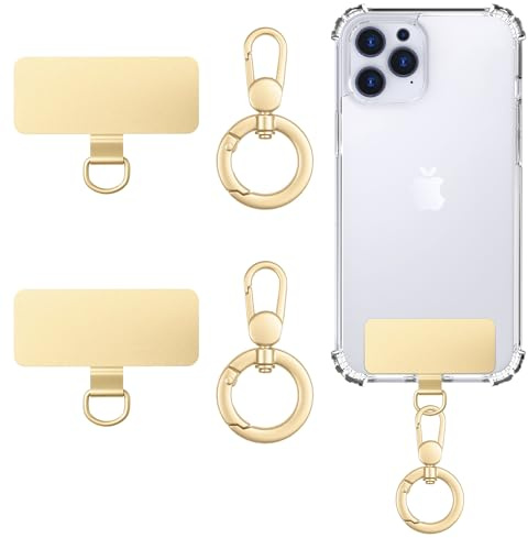MoKo Handy Halterung Set, 2× Handy Tether Tabs & 2× 360° Drehbare Feder O-Ringe, Metall Ultra-Dünne Handys Lanyard Pads, Edelstahl Handyschlaufen Verbinder Patches für Vollschutz Handyhüllen, Gold