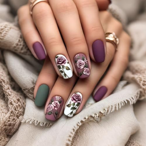 Short Oval Press-On Nails Set, Matt Plum, Rose And Sage Floral Designs | Plain And Patterned Tips, Pink Roses, Green Leaves And White Details, For Everyday Wear, Autumn Outfits And Weddings