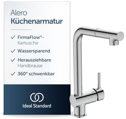 Ideal Standard Alero Küchenarmatur, Hochdruck, Auslaufhöhe 207 mm – Chrom | Herausziehbare Handbrause, hoher 360° schwenkbarer Auslauf, wassersparende Armatur mit 12 l/min (3 bar), BE188AA