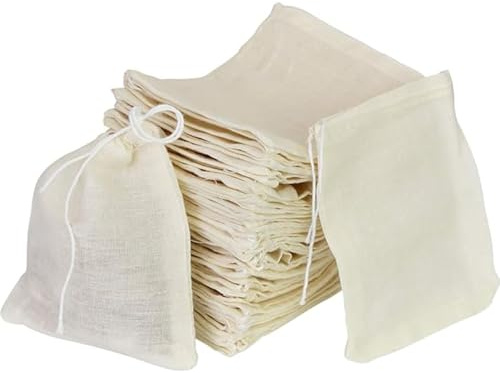 60 Pack Cotton Muslin Drawstring Bags,10 * 8cm 100% Cotton Reusable Mesh Bags for Cooking, Soup, Tea Coffee Filter, Spice Storage