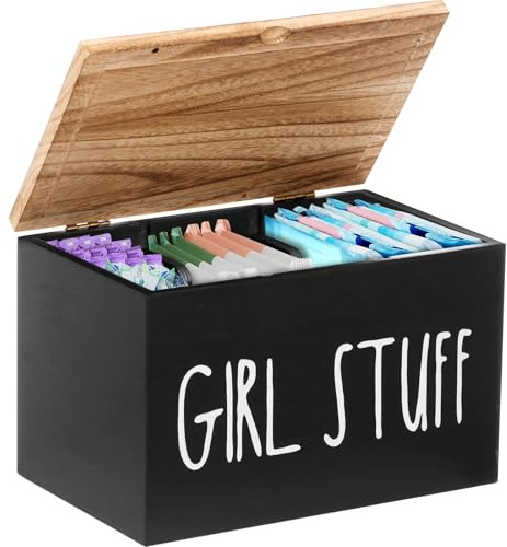 Tampon Aufbewahrung Holz 13x13x20cm mit Abdeckung Fächer Damen Zubehör Caddy Bewegen Badezimmer Zubehörbox für Tampons Kosmetik Wattebällchen (Schwarz)