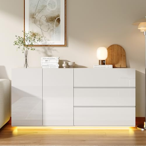 HOOGDLJ Sideboard Weiss,Sideboard Hochglanz mit 2 Türen 3 Schubladen & Led Beleuchtung, TV Schrank küchenschrank Kommodenschrank TV Lowboard Für Esszimmer,Wohnzimmer (Weiß-A)
