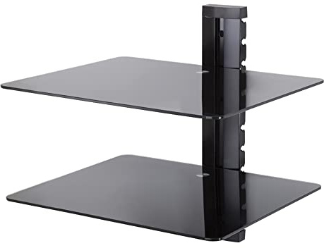 mahara Schweberegale aus schwarzem Glas – Zweistöckiges Regal mit gehärtetem Glas und schwarzem Kabelmanagement – für TV, AV und Gaming – 38 cm x 28 cm – max. 10 kg
