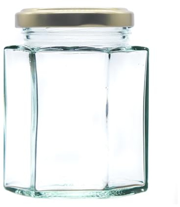 8oz (190ml) Hexagonal Glass Jam Jars with Twist Off Lids – Honey, Preserves, Chutney & Wedding Favours (Pack of 24, Gold)