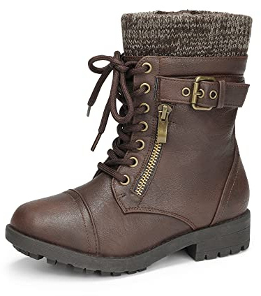 DREAM PAIRS Bottes de Combat Fille avec Fermeture Éclair Latérale, Lacets Ajustables et Doublure Chaude en Fausse Fourrure et Semelle Antidérapante,Size 35,Brun