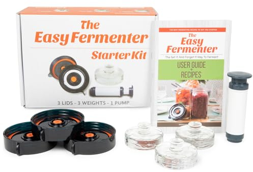 Nourished Essentials Easy Fermenter Wide Mouth Fermentation Kit (3 Lids + 3 Weights + Pump) The Complete Starter Kit To Begin Fermenting. Good Christmas Gift.
