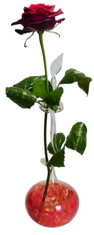 Lauscha Rosenvase Einblumenvase aus Glas mit Einschmelzung Rot für Rosen, Höhe 27 cm, Durchmesser 10 cm, Handarbeit aus Deutschland