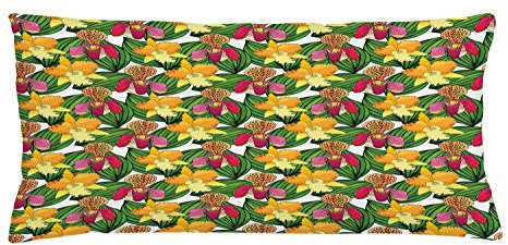 ABAKUHAUS Orchids Throw Pillow Cushion Cover, Tropic Foliage with Rubber Fig Tree Leaf Woody Plants Ornamental Fragrance Print, Decorative Square Accent Pillow Case, 36 X 16 Inches, Multicolor