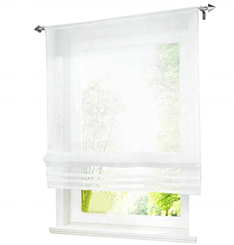 ESLIR Raffrollo Küche Raffgardine mit Tunnelzug Bändchenrollo Weiß Voile Gardinen Transparent Weiß BxH 120x155cm 1 Stück