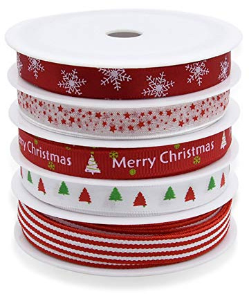 Cinta de grogrén con motivos navideños, 5 rollos de 5 m, satén de poliéster de doble cara, ideales para envolver regalos, hacer lazos y otros proyectos