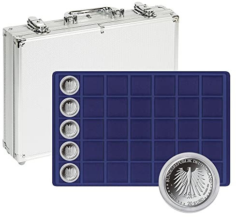 LINDNER Das Original Münzkoffer ALU mit 5 dunkelblauen Münztableaus für 175 Münzen oder Münzkapseln bis 39 mm Ø