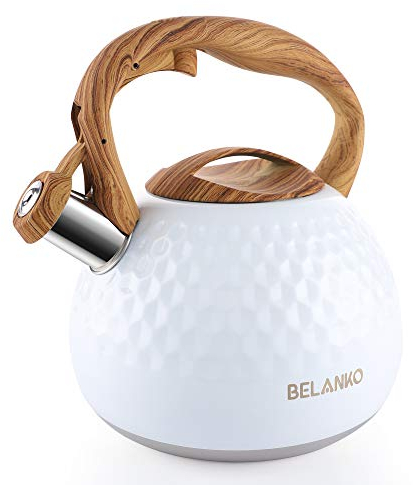 BELANKO 2.7 Quart Tea Kettle for Stovetop - Food Grade Stainless Steel with Diamond Texture, Designer Teapot Look, Cool-Touch Wood Pattern Handle, Whistling Spout - Gloss White