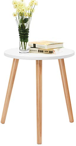 GIANTEX Kaffeetisch rund, Holz Beistelltisch Esstisch für Schlafzimmer Wohnzimmer Balkon, Nachttisch mit Kiefernbeinen, weiß