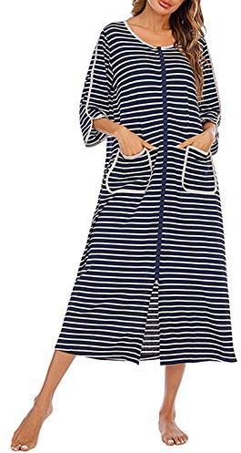 HUAZONG Bata de vestir para mujer, con cremallera, manga corta/larga, suave, con bolsillos, ropa de dormir