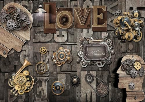 Wesmilewallpaper Papier Peint 3D Intissé Murales Géométrie D'Engrenage Rétro Créative Love Papier Peint Panoramique Tapisserie Peinture Poster Photo 400x280cm