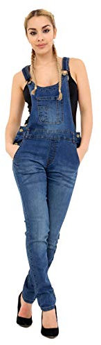 Women Ladies Denim Dungarees Long Length Pinafore Dungaree Jumpsuit UK Size 8-10-12-14-16 (12, Mid Wash, numeric_12)
