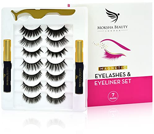 Magnetische Wimpern und magnetischer Eyeliner im Set - Wiederverwendbare künstliche 3D-Wimpern mit Pinzette | Kleberfrei, wasserfester Eyeliner | Natürlicher Look (7 Pairs)