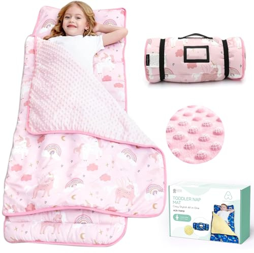 ACRABROS Kleinkind-Schlafmatte mit Kissen und Decke, extra große gerollte Schlafmatten, Schlafsäcke für Jungen und Mädchen, Kinderschlafsack für Kita, Vorschule, Reisen, Camping, Einhorn