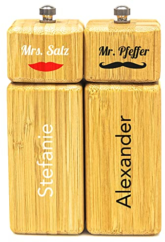 Geschenke 24 Gewürzmühlenset aus Bambus mit Personalisierung I Handmühlen I Mrs. Salz und Mr. Pfeffer I romantische Geschenkidee oder Tischdekoration zur Hochzeit