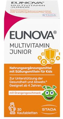 EUNOVA Junior Multivitamin Kinder, mit 12 Vitaminen, Orange, 30 Tabletten | Kinder ab 4 Jahren, 12 Vitamine & Mineralien, Stärkt Immunsystem, Orangengeschmack, Ohne künstliche Farbstoffe, Laktosefrei