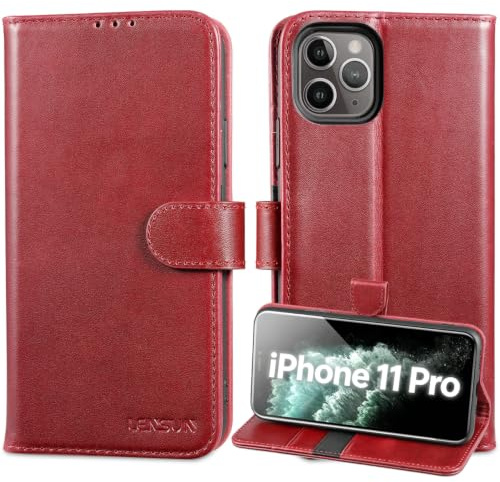 LENSUN Echtleder Handyhülle für iPhone 11 Pro, Weinrot | Premium Echtes Leder, Magnetverschluss Hülle, RFID Schutz Kartenfach, Klappbar Handytasche, Flip Lederhülle