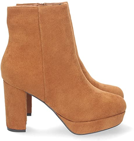 69456-Botin de Tacon para Mujer, Comodo, con Mini Plataforma, Estampado Liso, y Cierre de Cremallera, Otono Invierno 2022. Talla 39 Camel
