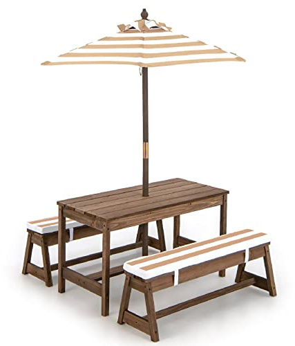 COSTWAY Kids Picnic Table, Children Wood Table and Bench Set with Cushions, Adjustable Umbrella, Garden Furniture Parasol for Girls Boys (Coffee)
