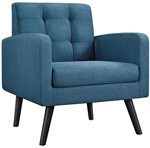 Yaheetech Poltrona Lounge da Salotto Imbottita con Braccioli e Schienale Gambe in Legno Stile Moderno da Lettura/Riposo/Lavoro/Bar Blu/Tessuto