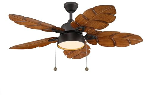 senroyal 52 Inch Tropical Ceiling Fan with Light, Pull Chain, Palm Leaf Indoor Outdoor Ceiling Fan with Light for Patio, Living Room, Reversible Fan, Black Bronze