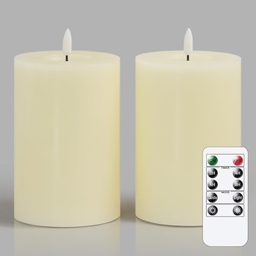 Zevanor Flameless Flickering 4 x6 Real Wax Ivory Remote Candles with Candle Grease, Pack of 2 Timer LED Battery Operated Fake Warm Light Pillar Candles for Home, Banquet, Ceremony Decoration