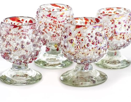 Authentic Mexican Tequila Shot Glasses (Set of 4) - Hand Blown 2oz Mini Snifters - Festive Red & White Stone Blend, Heavy Base
