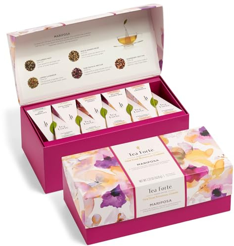 Tea Forte Premium Presentation Box Gift Set Sampler, 20 Count, Assorted Blends Individually Wrapped Handcrafted Pyramid Infuser Bags, Mariposa Tea