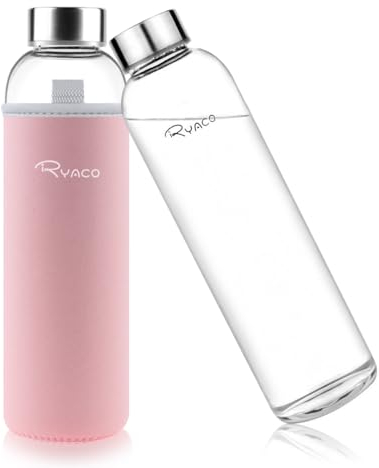 Ryaco Bottiglia d'Acqua, 1000ml/33oz Borraccia Vetro Trasparente Portatile con Guaina Protettiva in Neoprene per Il Campeggio Viaggi tè Ufficio