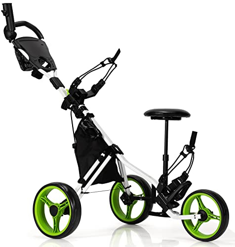 COSTWAY Carrello da Golf Pieghevole con 3 Ruote, Trolley da Golf Altezza Regolabile di Alluminio con Sedile, Porta Ombrello e Porta Bevande (Verde)
