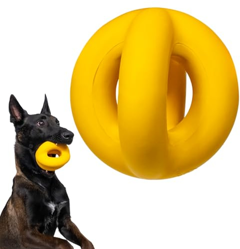 WoofBite Indestructible Ring Ball - Lifetime Replacement - Strong, Tough, Aggressive Chewers, Medium Large Breed - Non-Toxic Natural Rubber Dog Toys - Yellow - Tug & Fetch - 8x1.75