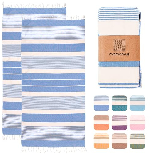 MOMOMUS Pack de 2 Foutas XL o Toallas de Playa Grandes de Algodón 100% - Absorbente, Ultrasuave y Compacta - Ideal como Pareo de Playa o Toalla de Piscina - Celeste, 90x180 cm