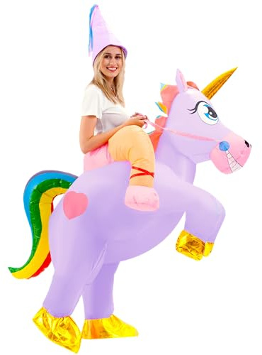 Spooktacular Creations Aufblasbares Kostüm für Erwachsene, Reiten auf einem aufblasbaren Einhorn, Deluxe-Halloween-Kostüm mit Hut – Hellviolett