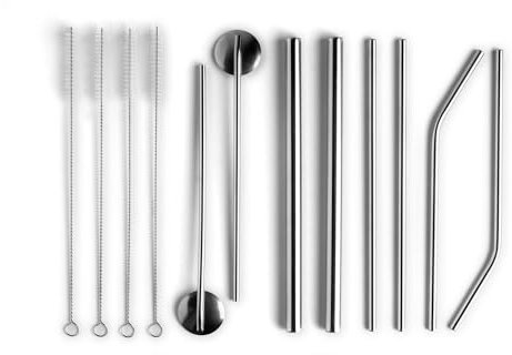 FUMOSA Edelstahl-Strohhalm Set, 8-tlg. | Trinkhalm | Trinklöffel | Reinigungsbürsten | Beutel zur Aufbewahrung