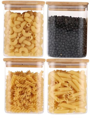 LDXDRU 850 ml tarros de cristal con tapa rectangulares, juego de 4 recipientes herméticos, recipientes de cristal con tapa de madera, recipiente de almacenamiento de cristal rectangular para cereales