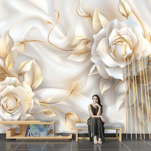 Premium Fototapete Weiß Gold Blumen Seide XXL Design Tapete Fototapeten Tapeten Wandtapete moderne Wand Schlafzimmer Wohnzimmer 3D Effekt