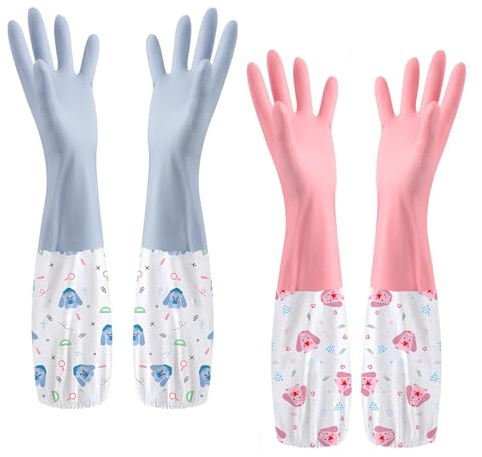 JYJLLM 2-Pairs Superior Kitchen Gloves - Long 45cm Cuff Dog Pattern Design, Premium Waterproof Rubber Gloves for Household Cleaning, Dishwashing, Car Wash & Gardening(Pink, Blue)