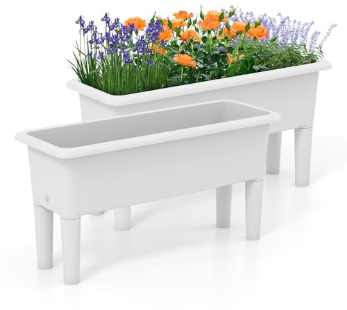 GOPLUS 2er Set Hochbeet 29L, Gartenbeet mit Abflusslöcher & abnehmbaren Beinen, Blumenbeet aus Kunststoff, erhöhter Pflanzenkasten, Blumenkasten, Kräuterbeet - 80 x 30 x 40 cm (Weiß)