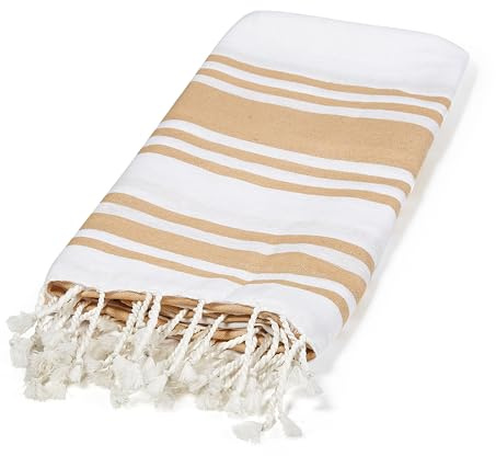 EASY HOME Strandhandduk, Fouta, strand- eller strandhandduk, i bomull, med fransar, bekväm och lätt, 90 x 170 cm, 160 gsm, randig, vit och beige (beige)