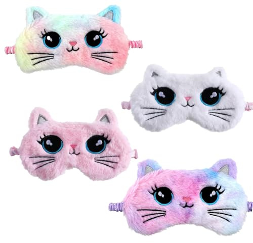UILYNIU 4 Pezzi Simpatiche Mascherina per Dormire in Peluche, Benda Occhio Traspirante Maschera di Sonno Copertura degli Occhi, Maschera Occhi per Dormire Antiluce per Donna Bambina