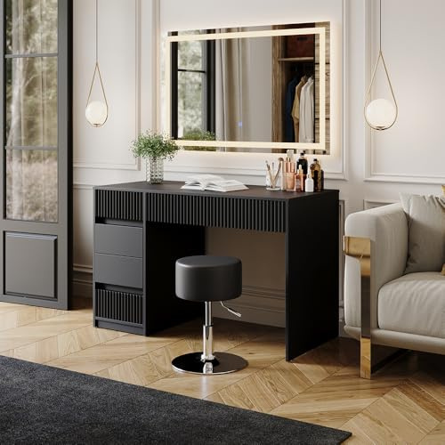 Vicco Schminktisch Omira, Schwarz, 120 cm | mit LED-Spiegel und Hocker, Make-up, Tools & Schmuck sauber getrennt und sofort griffbereit