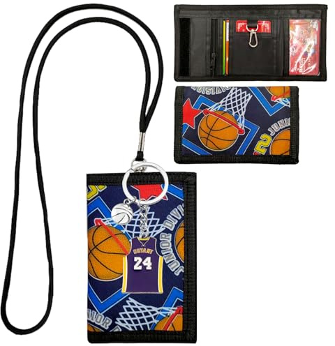 Weploda Monedero Para Niño Con Patrón de Baloncesto - Cartera Plegable Con Cierre de Cordón, Cremallera, Tarjeteros y Llavero